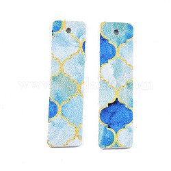 Imitation Leather Big Pendants, Rectangle with Floral Pattern, Light Cyan, 60x15x2mm, Hole: 2mm