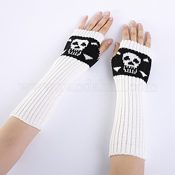 Polyacrylnitril-Fasergarn, das lange fingerlose Handschuhe strickt, Armwärmer, Winterwarme Handschuhe mit Daumenloch, Schädelmuster, weiß, 295~330x80 mm