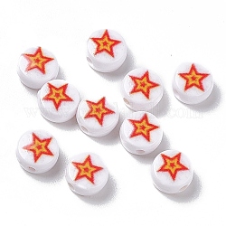 Perles acryliques imprimés opaques, plat et circulaire avec étoile, rouge, 7x4mm, Trou: 1.5mm