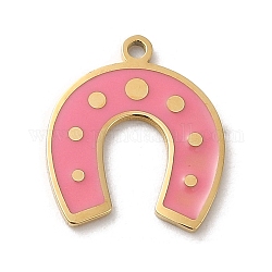304 Stainless Steel Charms, with Enamel, Real 14K Gold Plated, Horseshoe Charm, Pink, 14x12x0.9mm, Hole: 1mm