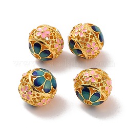 Perles en alliage creux, avec l'émail, ronde avec des fleurs, couleur or mat, rose, 14mm, Trou: 2mm