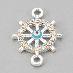 Alloy Rhinestone Links Connectors, Cadmium Free & Lead Free, Helm with Evil Eye, Sky Blue, Silver Color Plated, 20.5x14.5x2mm, Hole: 1.5mm