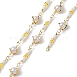 Rack Plating Golden Brass Twist Round Link Chains, with Plastic Pearl Beaded, Unwelded, with Card Paper, White, 12x6.5x8mm
