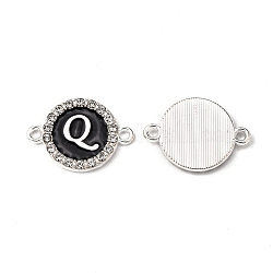 Alloy Enamel Links Connectors, with Crystal Rhinestones, Flat Round with Letter, Silver Color Plated, Letter.Q, 22x16x2mm, Hole: 1.8mm
