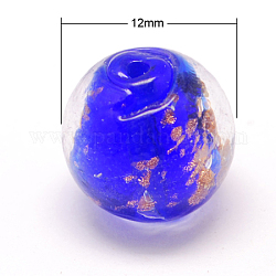 Handgemachte Glasperlen Goldsand, Runde, Blau, 12 mm, Bohrung: 1 mm
