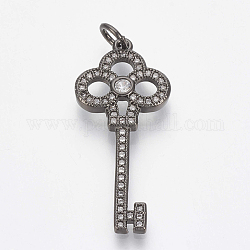 Brass Micro Pave Cubic Zirconia Pendants, with Jump Rings, Key, Clear, Gunmetal, 32x14x2.5mm, Hole: 4mm
