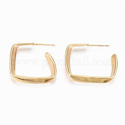 Brass Half Hoop Earrings, Stud Earring, Nickel Free, Rectangle, Real 18K Gold Plated, 26~29x24~26mm, Pin: 0.7mm