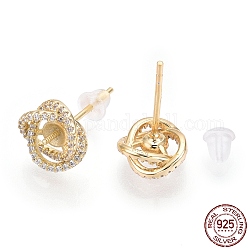 925 Sterling Silver Micro Pave Cubic Zirconia Stud Earring Findings, for Half Drilled Beads, Flower, Nickel Free, with S925 Stamp, Real 18K Gold Plated, 9mm, Pin: 0.8mm(for Half Drilled Beads), Pin: 0.8mm