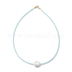 TOHO Japanese Seed Beaded Necklaces, with Natural Cultured Freshwater Pearl Beads and Brass Spring Ring Clasps, Light Blue, 16.14 inch(41cm) 