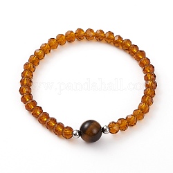 Perles de verre à facettes bracelets extensibles, avec des perles en oeil de tigre naturelles et 304 perles en acier inoxydable, ronde, diamètre intérieur: 2-1/8 pouce (5.5 cm)