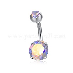 Piercing Jewelry, Brass Cubic Zirconia Navel Ring, Belly Rings, with 304 Stainless Steel Bar, Lead Free & Cadmium Free, Flat Round, Platinum, Colorful, 21x8mm, Bar: 15 Gauge(1.5mm), Bar Length: 3/8
