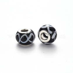 Perles européennes vernissées manuelles, perles de rondelle avec grand trou , en laiton de tonalité de platine noyaux doubles, noir, 14~16x9~10mm, Trou: 5mm