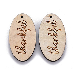 Wood Big Pendants, Laser Engraved, Oval with Thankful, PapayaWhip, 70x38x5.5mm, Hole: 2.5mm