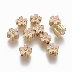 Messing Emaille-Perlen, langlebig plattiert, Blume, echtes 18k vergoldet, rosa, 7x3.3 mm, Bohrung: 1.6 mm