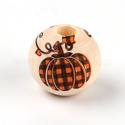 Природных шарики древесины, круглый с узором в клетку из тыквы, темно-оранжевый, 15~16 мм, отверстие : 4 мм