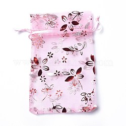 Pochettes à bijoux en organza avec cordon de serrage, sacs-cadeaux de fête de mariage, rectangle avec motif de fleurs d'estampage rouge, perle rose, 15x10x0.11 cm
