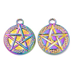 304 Stainless Steel Pendants, Flat Round with Star Charm, Rainbow Color, 20x17x2mm, Hole: 3mm
