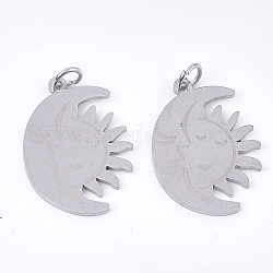 201 Stainless Steel Pendants, with Unsoldered Jump Rings, Sun and Moon, Stainless Steel Color, 23x17x1mm, Hole: 3mm, Jump Ring: 5x0.8mm