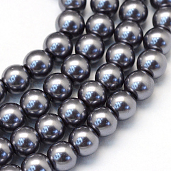 Backen gemalt pearlized Glasperlen runden Perle Stränge, Grau, 8~9 mm, Bohrung: 1 mm, ca. 105 Stk. / Strang, 31.4 Zoll