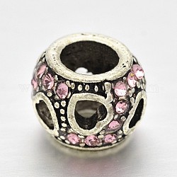 Perline europei cuore rhinestone della lega rondelle filigrana, perline con foro grande, roso chiaro, 10.5x8mm, Foro: 5 mm