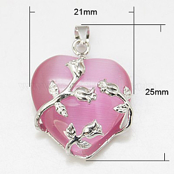 Idea de San Valentín para sus colgantes de ojo de gato regalos, con fornituras de latón, corazón, de color platino, rosa, 25x21x9mm, agujero: 5x4 mm