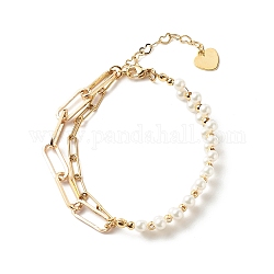 Bracelets de perles de coquillages ronds, avec chaînes trombones en laiton, or, blanc, 7-1/2 pouce (19.1 cm)