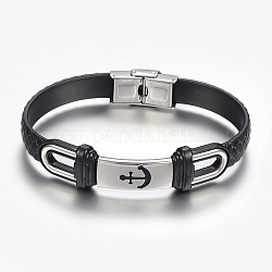 Bracelets cordon tressé en cuir PU, avec accessoire en 304 acier inoxydable, rectangle avec ancre, noir, 8-5/8 pouce (220 mm), 10~16x2.5~8.5mm