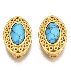 Perles turquoises synthétiques 4 trou, teinte, avec les accessoires en laiton, creux, ovale, couleur or mat, bleu ciel, 19x12.5x8mm, Trou: 1.8mm