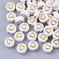 Plating Acrylic Beads, Metal Enlaced, Flat Round with Heart, Golden Plated, 7x4mm, Hole: 1.5mm