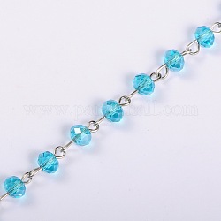 Handmade Rondelle Glass Beads Chains for Necklaces Bracelets Making, with Platinum Iron Eye Pin, Unwelded, Sky Blue, 39.3 inch, Beads: 6x4.5mm