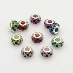 Gridding Pattern Resin European Beads, Large Hole Rondelle Beads, with Silver Tone Brass Cores, Mixed Color, 14x9mm, Hole: 5mm
