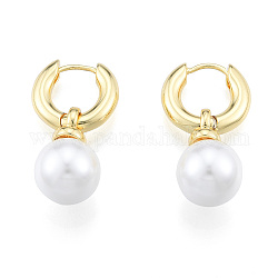 Pendientes de aro colgantes de perlas de plástico ABS, joyas de latón para mujer, sin níquel, real 18k chapado en oro, 29x16x3.5mm, pin: 1 mm
