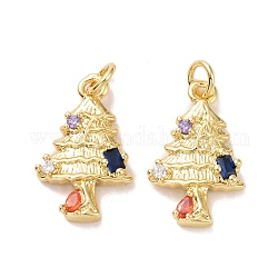 Tree Brass Micro Pave Colorful Cubic Zirconia Pendants, with Jump Rings, Cadmium Free & Lead Free, Real 18K Gold Plated, 20x12x3mm, Hole: 3.4mm