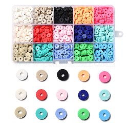 150g 15 couleurs perles en pâte polymère faites à la main, perles heishi, pour les fournitures de bricolage bijoux artisanat, disque / plat rond, couleur mixte, 8x1mm, Trou: 2mm, 10 g / couleur