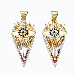 Brass Micro Pave Cubic Zirconia Pendants, Nickel free, Eye, Real 16K Gold Plated, 31x15x3mm, Hole: 3x5mm