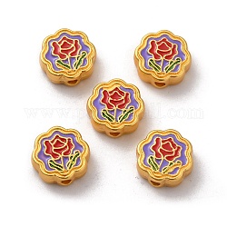 Perles d'émail en alliage, couleur or mat, fleur, rouge, 10.8x11x4.2mm, Trou: 1.8mm