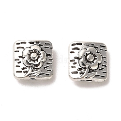 Tibetan Style Alloy Beads, Cadmium Free & Lead Free, Rectangle with Flower Pattern, Antique Silver, 10x10x4.5mm, Hole: 1.4mm, about 751pcs/1000g