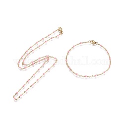 Ionenbeschichtung (IP) 304 Edelstahlschmucksets, Kabelkette Armband und Halsketten, mit Emaille, golden, rosa, 19.6 Zoll (50 cm), 2 mm, 8-1/8 Zoll (20.5 cm), 2 mm