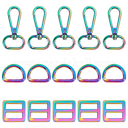 Gorgecraft 15 Stück 3 Stil Regenbogenfarben Drehverschlüsse aus Zinklegierung, mit D-Ringen, Schiebeschnallen, für Taschenersatzzubehör, 2~4.8x2.5~2.7x0.3~0.6 cm, Bohrung: 18.5~19.5x7.5~13 mm, 5pcs / style
