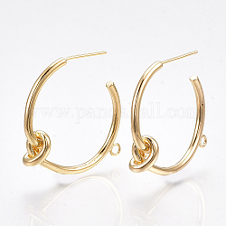 Brass Stud Earring Findings, Half Hoop Earrings, with Loop, Knot, Nickel Free, Real 18K Gold Plated, 29x27x7mm, Hole: 1.6mm, Pin: 0.7mm