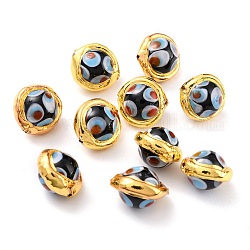 Handmade Lampwork Beads, with Golden Color Edge Brass, Round, Black, 16.5~17x15.5~16x12~13.5mm, Hole: 1mm