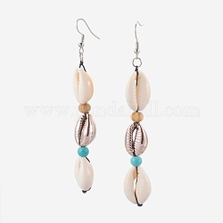 Cowrie Shell Dangle Earrings, with Synthetic Turquoise and Wood Beads, Brass Earring Hooks, Rose Gold, 88~96mm, Pin: 0.7mm