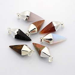 Bicone Gemstone Pendants with Silver Tone Brass Findings, 37x14x14mm, Hole: 8x5mm