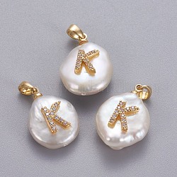 Pendentifs de perles d'eau douce de culture naturelle, avec accessoires zircon cubique micro pave en laiton, pépites avec lettre, Plaqué longue durée, or, clair, letter.k, 17~27x12~16x6~12mm, Trou: 4x2.5mm