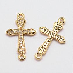 Brass Micro Pave Grade AAA Cubic Zirconia Links, Long-Lasting Plated, Real 18K Gold Plated, Cadmium Free & Nickel Free & Lead Free, Cross, Golden, 20x12x1.5mm, Hole: 1mm