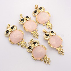 Natural Rose Quartz Owl Big Pendants, with Rhinestones and Golden Tone Brass Findings, 66x35~36x8~9mm, Hole: 7x4mm