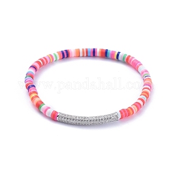 Pulseras hechas a mano de arcilla polimérica Heishi Bead Stretch, con micro latón micropave claro perlas de tubo de circonio cúbico, colorido, 2-1/4 pulgada (5.8 cm)