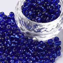 6/0 perline di vetro, foro tondo argento rivestito, tondo, blu, 4mm, Foro: 1.5 mm, su 6639 pc / pound