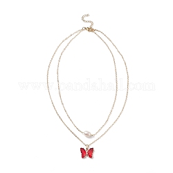 Doppellagige Halskette mit Schmetterlings- und Naturperlenanhängern aus Glas mit klarem Zirkonia, goldener messingschmuck für damen, rot, 16.34 Zoll (41.5 cm)
