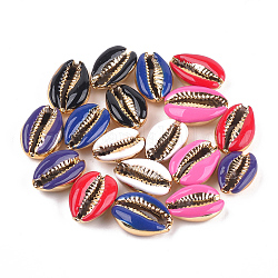 Electroplated Cowrie Shell Beads, with Enamel, No Hole/Undrilled, Golden, Mixed Color, 18~20x12~14x6~7.5mm